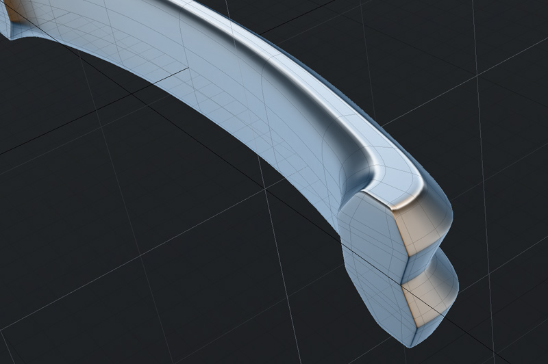 Subdivision surface detail of double layer furniture handle 3D model showing smooth transitions, precise edge control, and refined geometry